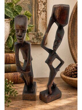 Hand-Carved Wooden Figurines 1980's  Kenya Women 7" Tall African Decor Art